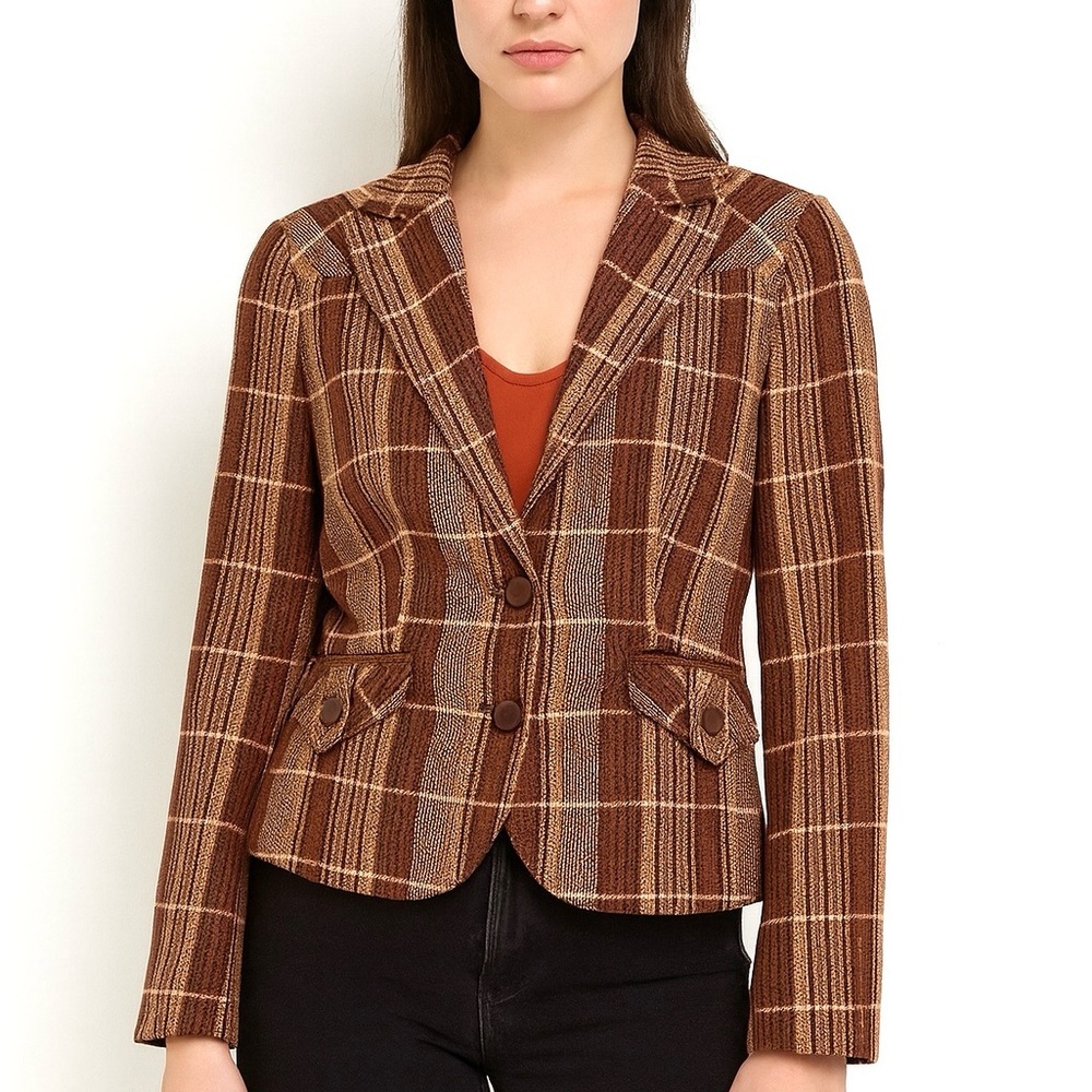 Zara Basic Brown Wool Blend Tweed Blazer with Velvet Elbow‎ Pads, Size S